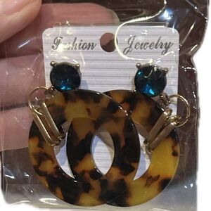 TORTOISE SHELL DROP HOOP POST EARRINGS FASHION JEWELRY 2”x1.5” FAUX BLUE TOPAZ